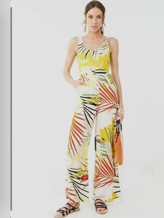 Forever 21 Pants - Forever 21 Tropical Print Wide-Leg Jumpsuit in Yellow, Orange & Cream